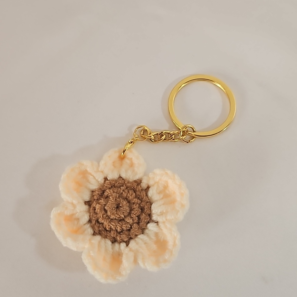 Hand Crafted Hand Knit Chrochet floral gold 4" Keychain flower baige and brown - Picture 15 of 17